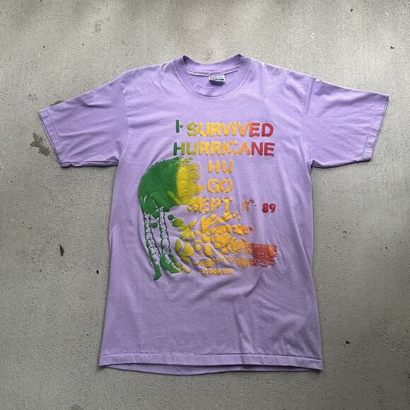 Vintage 1989 "I Survived Hugo" Blow Job Hurricane T Shirt Large Charlotte - Picture 1 of 5